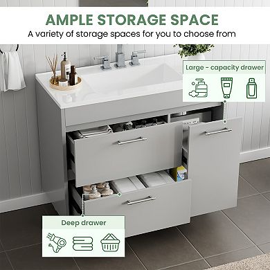 37'' W Freestanding Bathroom Vanity With Cultured Marble Sink,Soft-Close System,Easy Assembly