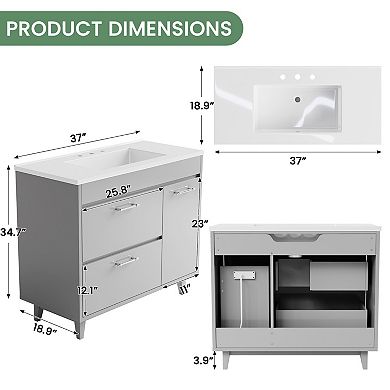 37'' W Freestanding Bathroom Vanity With Cultured Marble Sink,Soft-Close System,Easy Assembly