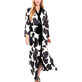 Women's Abstract Print Satin Duster Robe with Velvet Trim and Tie Waist