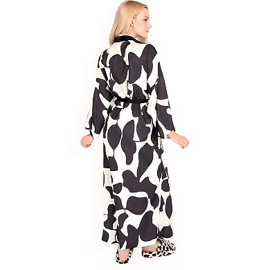 Women's Abstract Print Satin Duster Robe with Velvet Trim and Tie Waist