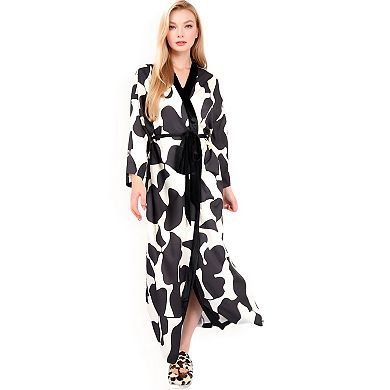 Women's Abstract Print Satin Duster Robe with Velvet Trim and Tie Waist