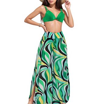 Women's Three-Piece Swimsuit Set with Bikini Top High Waist Bottom and Wide Leg Pants
