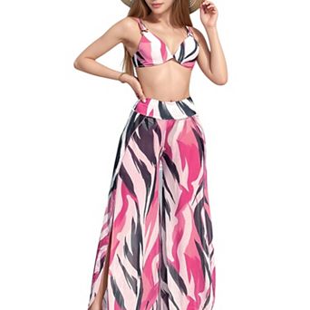 Women's Three-Piece Swimsuit Set with Bikini Top High Waist Bottom and Wide Leg Pants