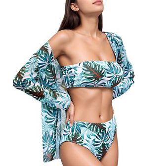 Women's Three-Piece Swimsuit Set with StraplessTop High Waist Bottoms and Sheer Long Sleeve Cover Up