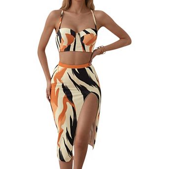 Women's Three-Piece Swimsuit Set with Bikini Top High Waist Bottom and Side Slit Skirt Cover-Up