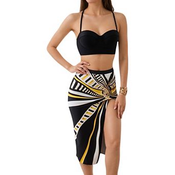 Women's Three-Piece Swimsuit Set with Bikini Top High Waist Bottom and Side Slit Skirt Cover-Up