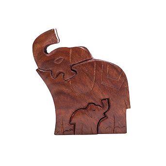 Mom and Baby Elephant Puzzle Box - Hand Carved Wood