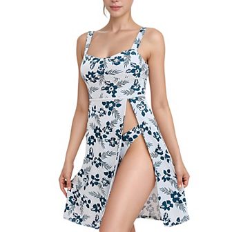 Women's Three Piece Floral Swimsuit Set with Sleeveless Dress Overlay and Matching Bikini