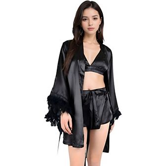 Women's Feather Trim Satin Robe with Bralette and High Waist Shorts Three-Piece Lounge Set