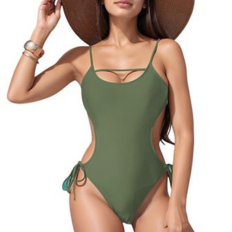Women's Cutout One-Piece Swimsuit with Adjustable Side Ties and Open Back Design