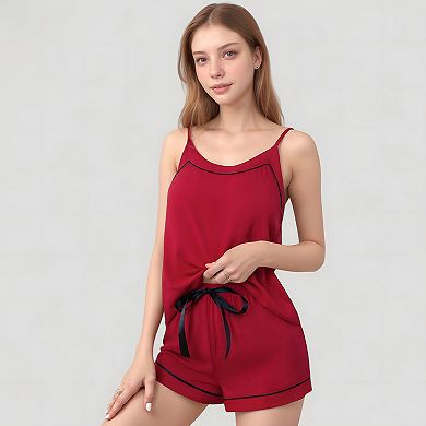 Women's Cami and Shorts Pajama Set with Contrast Trim and Adjustable Waist Tie