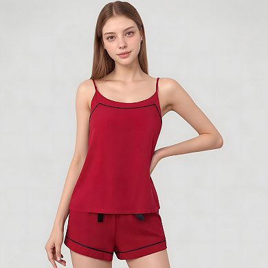 Women's Cami and Shorts Pajama Set with Contrast Trim and Adjustable Waist Tie