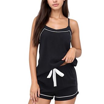Women's Cami and Shorts Pajama Set with Contrast Trim and Adjustable Waist Tie