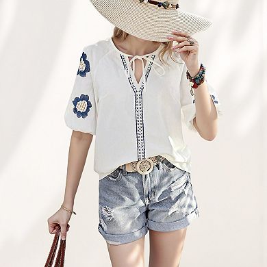 Women's Floral Embroidered Blouse with Puff Sleeves and V-Neckline