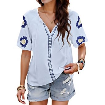 Women's Floral Embroidered Blouse with Puff Sleeves and V-Neckline