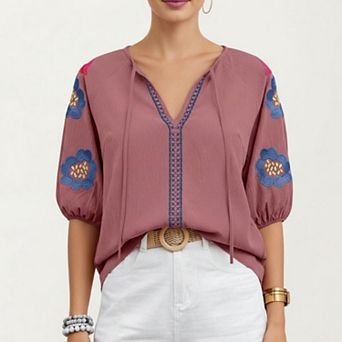 Women's Floral Embroidered Blouse with Puff Sleeves and V-Neckline