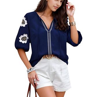 Women's Floral Embroidered Blouse with Puff Sleeves and V-Neckline