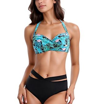 Women's Tropical Print Bikini Set with Crisscross High Waist Bottom and Wide Strap Top