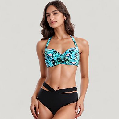 Women's Tropical Print Bikini Set with Crisscross High Waist Bottom and Wide Strap Top