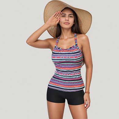 Women's Striped Tankini Top and Mid-Rise Swim Shorts Two-Piece Swimsuit with Wide Shoulder Straps