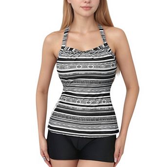 Women's Striped Tankini Top and Mid-Rise Swim Shorts Two-Piece Swimsuit with Wide Shoulder Straps