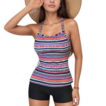 Women's Striped Tankini Top and Mid-Rise Swim Shorts Two-Piece Swimsuit with Wide Shoulder Straps