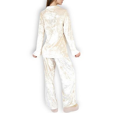 Women's Crushed Velvet Lounge Set with Button-Up Long Sleeve Top and Wide-Leg Pants