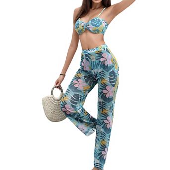 Women's Tropical Leaf Print 3 pc Swimsuit Set Bikini Top High Waist Bottom Sheer Wide Leg Pants