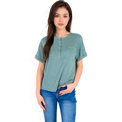 Women's Casual Short Sleeve Henley Top with Button Front and Chest Pocket