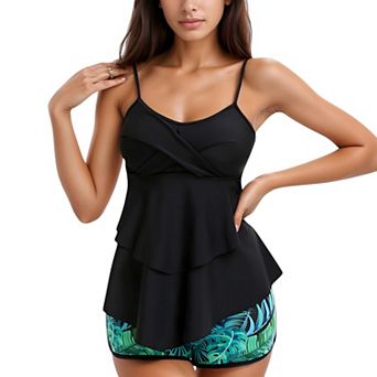 Women's Tankini Swimsuit with Spaghetti Strap Swim Top and Leaf Print Swim Shorts Set