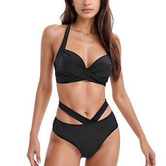 Women's Two-Piece Swimsuit with Wrapped Bust Top Crisscross Waistband High Rise Bottom