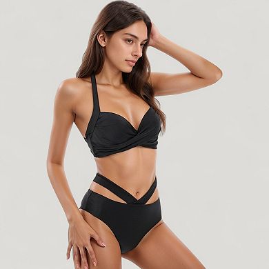 Women's Two-Piece Swimsuit with Wrapped Bust Top Crisscross Waistband High Rise Bottom