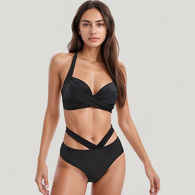 Women's Two-Piece Swimsuit with Wrapped Bust Top Crisscross Waistband High Rise Bottom