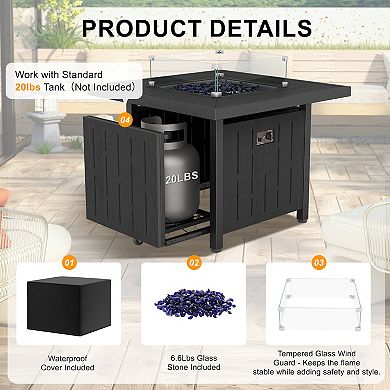 HDPE Square Fire Pit Table with 6.6 lbs Glass Stones & Wind Guard Cove