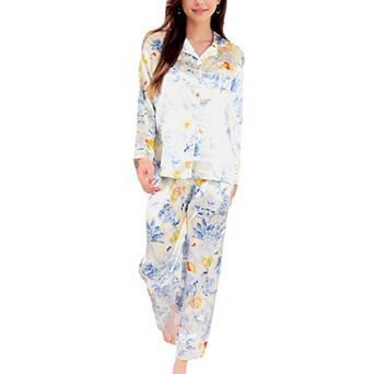 Women's Botanical Print Satin Pajama Set with Button-Up Top and Long Pants