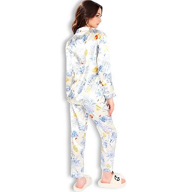 Women's Botanical Print Satin Pajama Set with Button-Up Top and Long Pants