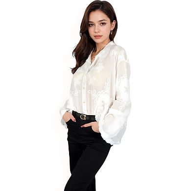 Women's Embroidered Sheer Blouse with Scalloped Hem and Button-Up Design