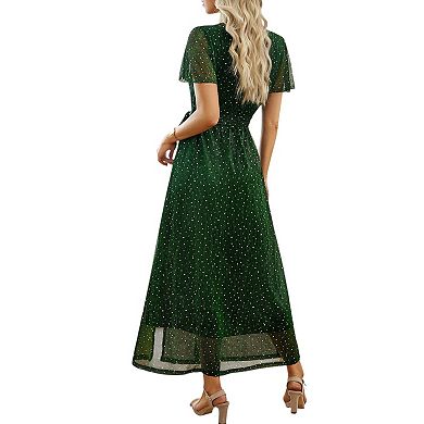 Women's Short Sleeve V Neck Maxi Wrap Dress with Waist Tie and Side Slit Detail