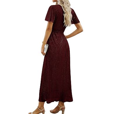 Women's Short Sleeve V Neck Maxi Wrap Dress with Waist Tie and Side Slit Detail