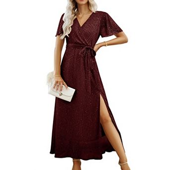 Women's Short Sleeve V Neck Maxi Wrap Dress with Waist Tie and Side Slit Detail