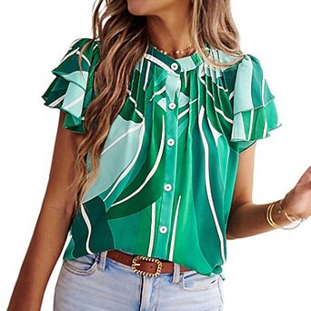 Women's Short Sleeve Button Down Blouse with Ruffle Layered Sleeves and Abstract Print
