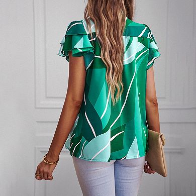 Women's Short Sleeve Button Down Blouse with Ruffle Layered Sleeves and Abstract Print