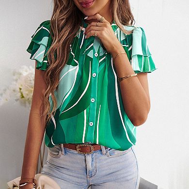 Women's Short Sleeve Button Down Blouse with Ruffle Layered Sleeves and Abstract Print