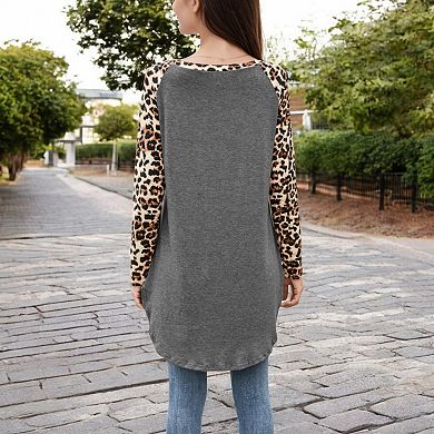 Women's Long Sleeve Pullover Shirt with Leopard Print Contrast Panels and Crew Neck