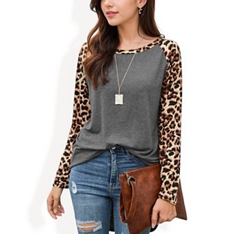 Women's Long Sleeve Pullover Shirt with Leopard Print Contrast Panels and Crew Neck