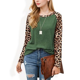 Women's Long Sleeve Pullover Shirt with Leopard Print Contrast Panels and Crew Neck