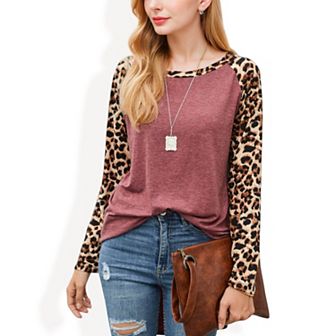 Women's Long Sleeve Pullover Shirt with Leopard Print Contrast Panels and Crew Neck