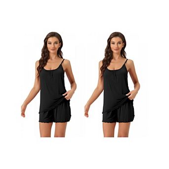 2 Sets Women's Loungewear Solid Color Ruffle Trim Camisole Tops with Shorts Pajama Sets