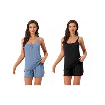 2 Sets Women's Loungewear Solid Color Ruffle Trim Camisole Tops with Shorts Pajama Sets