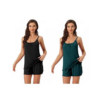 2 Sets Women's Loungewear Solid Color Ruffle Trim Camisole Tops with Shorts Pajama Sets